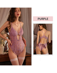 Pellegrace Seine Serenade Plunge V-Neckline Crotchless Teddy with Bust Clasp & Bow Back