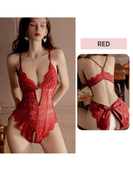 Pellegrace Seine Serenade Plunge V-Neckline Crotchless Teddy with Bust Clasp & Bow Back