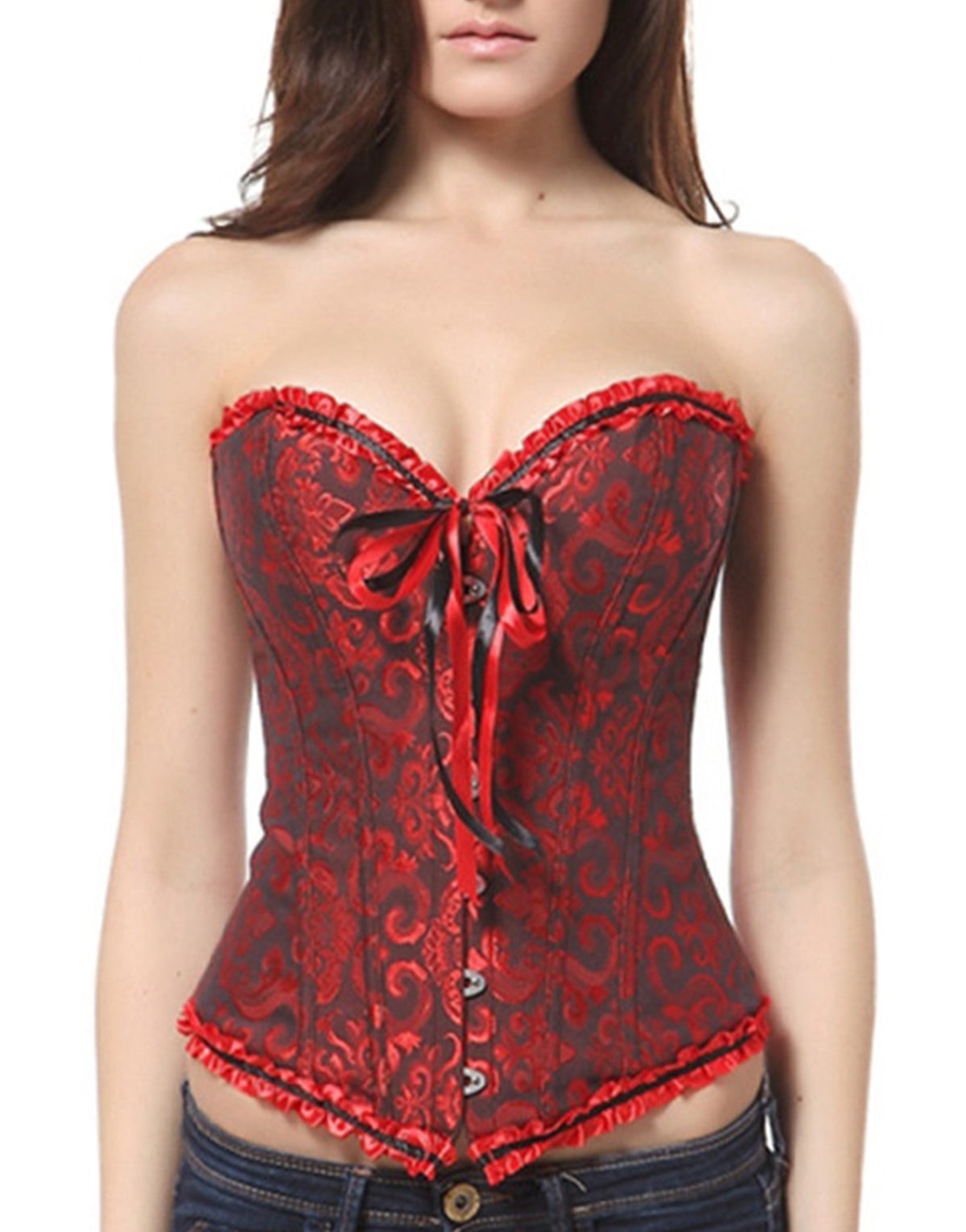 Pellegrace Victorian Retro Boned Waist-Cinching Lace-Up Back Corset with Playful Bow