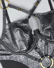 Second Skin Bodysuit - Black Snakeskin, Gold Details, Zip Up Garter Belt and Garters