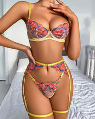 Sunset Seduction - Floral Embroidered 5 Piece Lingerie Set