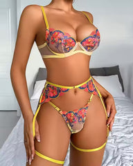Sunset Seduction - Floral Embroidered 5 Piece Lingerie Set