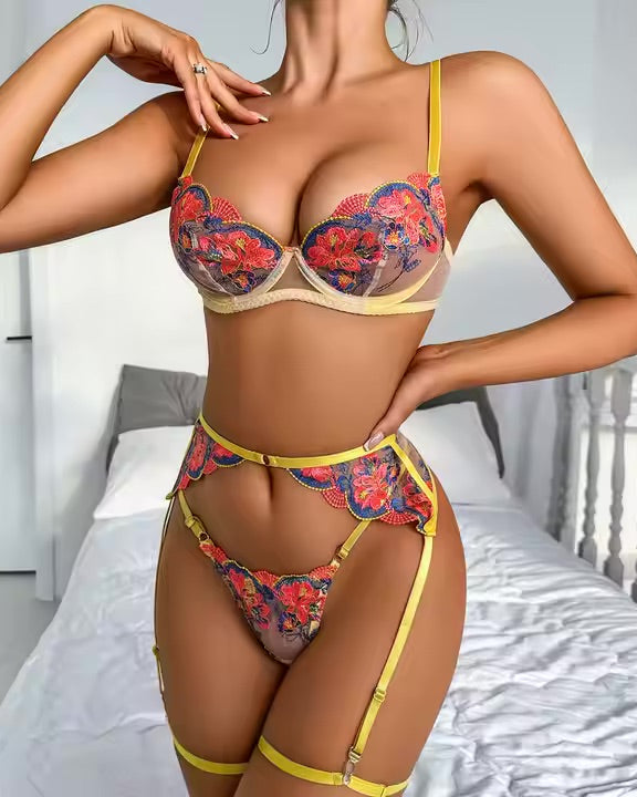 Sunset Seduction - Floral Embroidered 5 Piece Lingerie Set