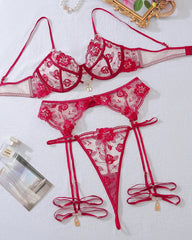 You Hold the Key Lace Bra, G-String, and Garter Belt Set - Red