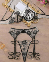 You Hold the Key Black Lace Bra, G-String, and Garter Belt Lingerie Set