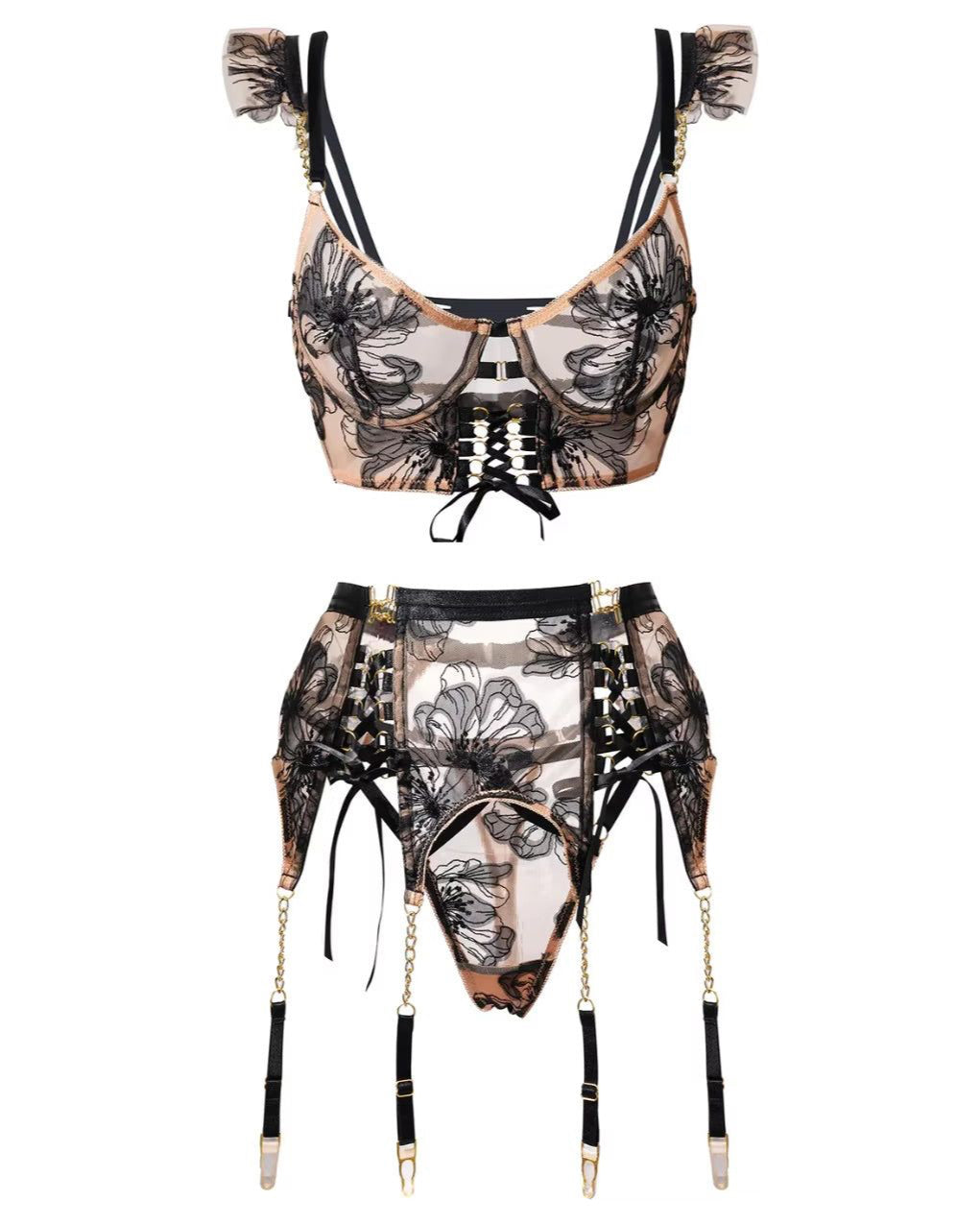 You're My Weakness - Gold and Black Lace Bustier Lingerie Set