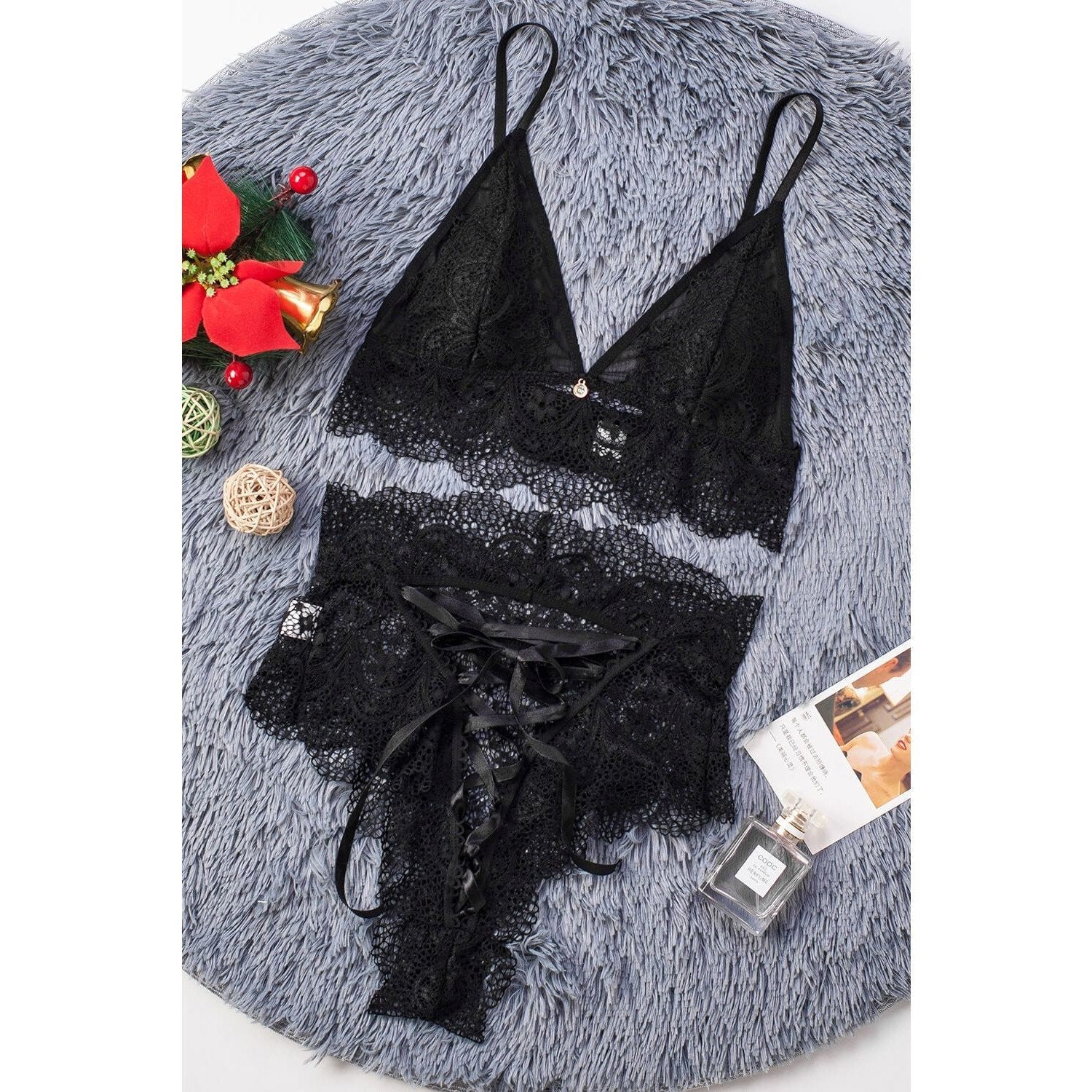 Emma Lace High Waist Brief and Bralette - Black - 3XL Only
