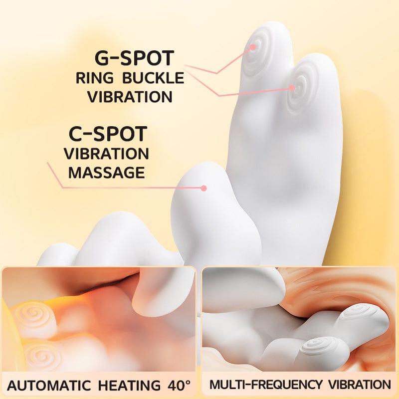 Feature diagram of Pellegrace finger vibrator. Shows G-spot ring buckle vibration on the fingertips, C-spot vibration massage on the thumb, plus automatic heating (40°) and multi-frequency vibration modes.
