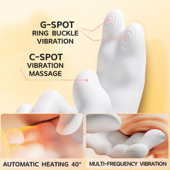 Feature diagram of Pellegrace finger vibrator. Shows G-spot ring buckle vibration on the fingertips, C-spot vibration massage on the thumb, plus automatic heating (40°) and multi-frequency vibration modes.