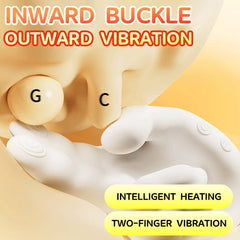 Function diagram of the Pellegrace finger vibrator. Visualizes the Inward Buckle motion for G-spot and Outward Vibration for C-spot, enhanced by Intelligent Heating and Two-finger Vibration modes.