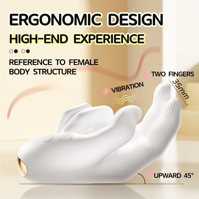Ergonomic design infographic for Pellegrace finger vibrator. Details the high-end experience with two fingers spaced 35mm apart and an upward 45° angle, specifically referenced to female body structure.