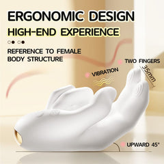 Ergonomic design infographic for Pellegrace finger vibrator. Details the high-end experience with two fingers spaced 35mm apart and an upward 45° angle, specifically referenced to female body structure.