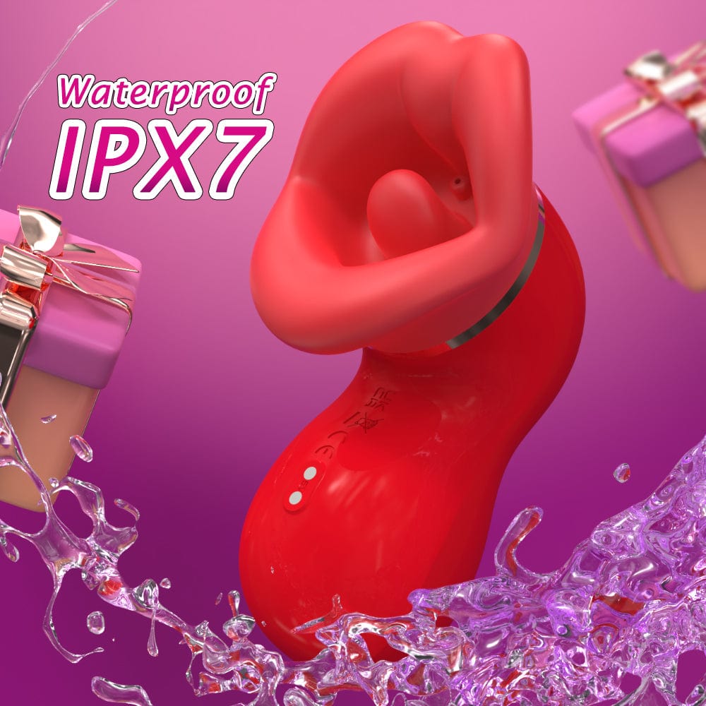 IPX7 waterproof tongue sex toy by Pellegrace. Red big mouth design splashing in water, indicating this adult sex toy is fully submersible. A perfect choice among sex toys for women and couples seeking shower play.