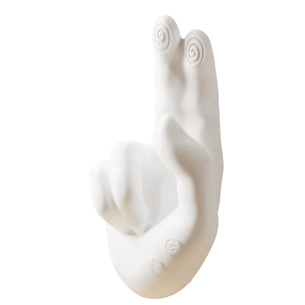 Animated GIF showing the front view of a white Pellegrace realistic finger vibrator. This hand-shaped adult toy demonstrates the dual flapping fingers in motion, designed for G-spot and clitoral stimulation.