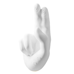 Front view of the Pellegrace realistic finger vibrator in white. This hand-shaped adult sex toy features dual flapping fingers designed for precise G-spot and clitoral stimulation.